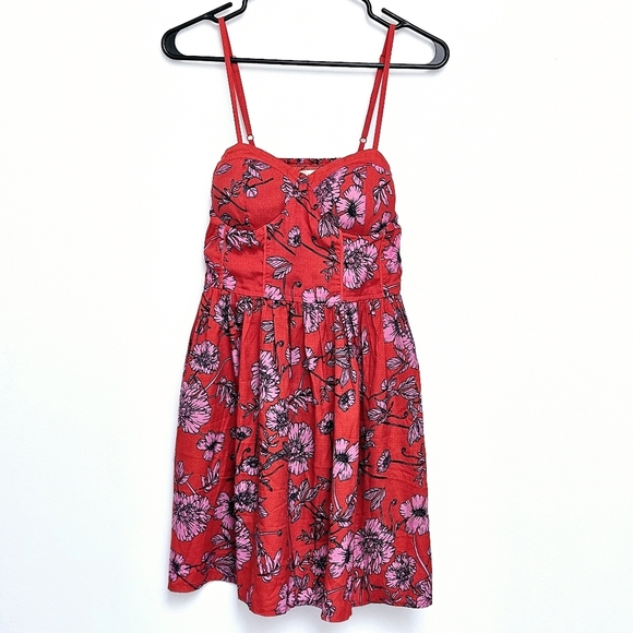 Band Of The Free Sz M Floral Red and Pink Smocked Pocker Strap Flowy Sundress - Picture 11 of 11